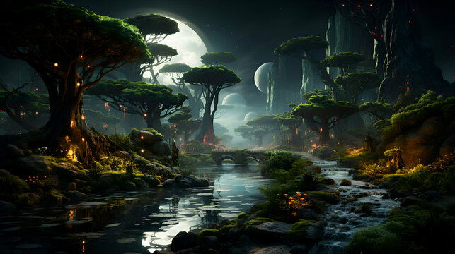 Fantasy landscape with dark forest and full moon. 3D rendering