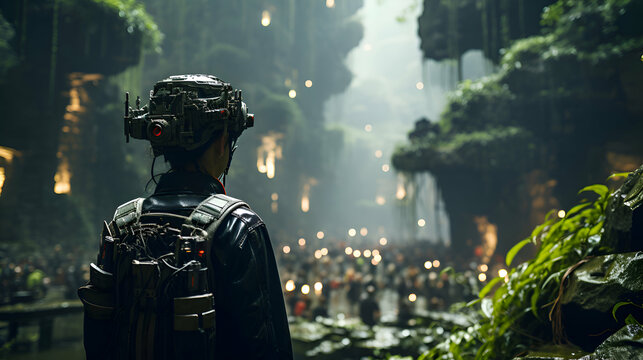 Fantasy scene of a robot in the jungle. 3d rendering.