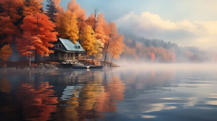 A cozy cabin nestled among colorful autumn foliage on the shore of a tranquil lake, the water shimmering with reflections of the vibrant trees. - obrazy, fototapety, plakaty