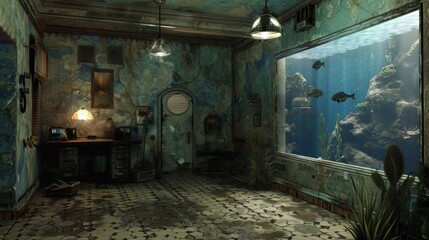 Fototapeta na wymiar Aquarium empty indoor scenario