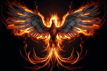 Fototapeta premium Phoenix fire bird with its wings spread out. A magical creature made of fire isolated on black background