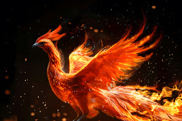 Phoenix  fire bird with its wings spread out. A magical creature made of fire isolated on black background