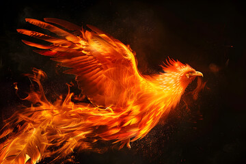 Phoenix  fire bird with its wings spread out. A magical creature made of fire isolated on black background