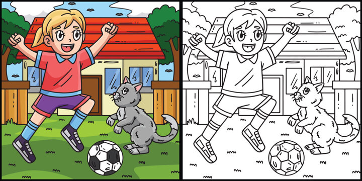 Girl and Cat Playing Soccer Coloring Illustration