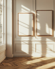 Fototapeta premium One square wooden frame mockup on the wall, Parisian Haussmannian Apartment, modern and bright space. Open window with light cast and shadows on the wall and the frames. 45 degrees angled camera view