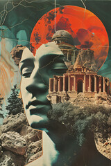Fractured classical statue and ruins with celestial elements. Surreal artwork with vintage texture overlay. Ancient civilization and cosmic mystery concept. Design for poster, album cover, book - obrazy, fototapety, plakaty
