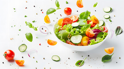 Vegetable salad in a bowl with flying ingredients. Fresh vegetables