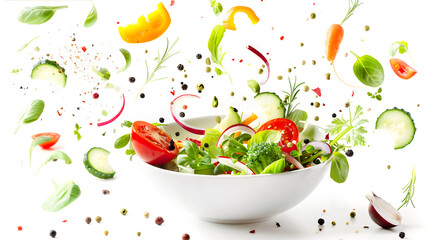 Vegetable salad in a bowl with flying ingredients. Healthy food
