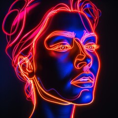 Portrait of a young woman with blue skin and red hair made of neon lights