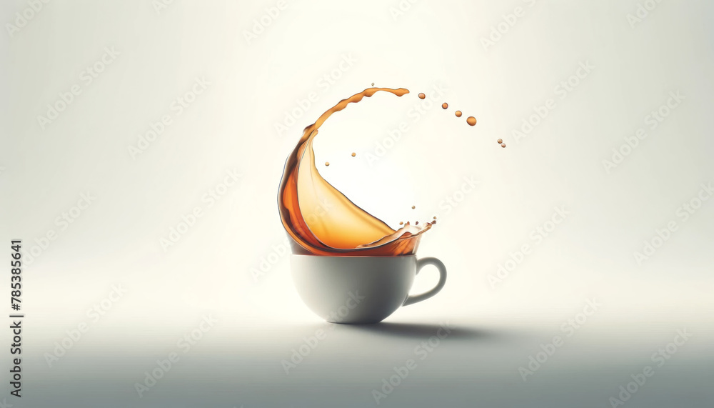 Poster coffee splashes playfully from a white cup, creating an abstract art on a light backdrop.