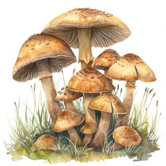 Fairy Ring Champignon An enchanting watercolor depiction of a fairy ring with champignon mushrooms sketched in soft