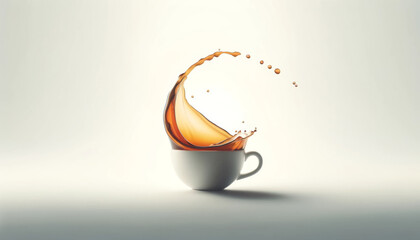 Coffee splashes playfully from a white cup, creating an abstract art on a light backdrop. - obrazy, fototapety, plakaty