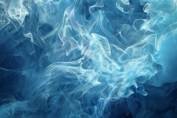 Swirling blue smoke on dark background - A mystical image capturing the ethereal swirls of blue smoke diffusing against a dark backdrop - obrazy, fototapety, plakaty