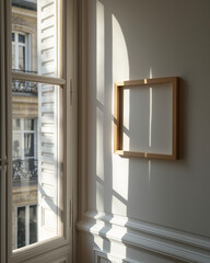 One square wooden frame mockup on the wall, Parisian Haussmannian Apartment, modern and bright space. Open window with light cast and shadows on the wall and the frames. 45 degrees angled camera view