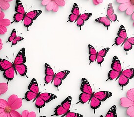 A group of pink butterflies surrounded by flowers.