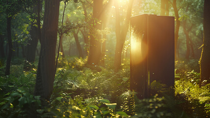 the refrigerator is in the forest. old cooling machine forest daylight background