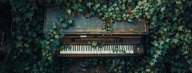 a vintage piano enveloped in lush green ivy, its white keys harmonizing with nature's verdant embrace, captured from above to reveal the delicate intertwining texture of the vines.