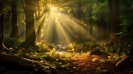 A mystical forest illuminated by shafts of golden sunlight filtering through the dense canopy, casting enchanting patterns on the forest floor.