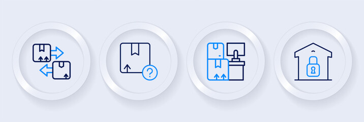 Set line Closed warehouse, Warehouse with boxes, Carton cardboard and Cardboard traffic symbol icon. Vector