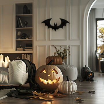 Ein Wohnzimmer mit sch&ouml;ner Dekoration f&uuml;r Halloween