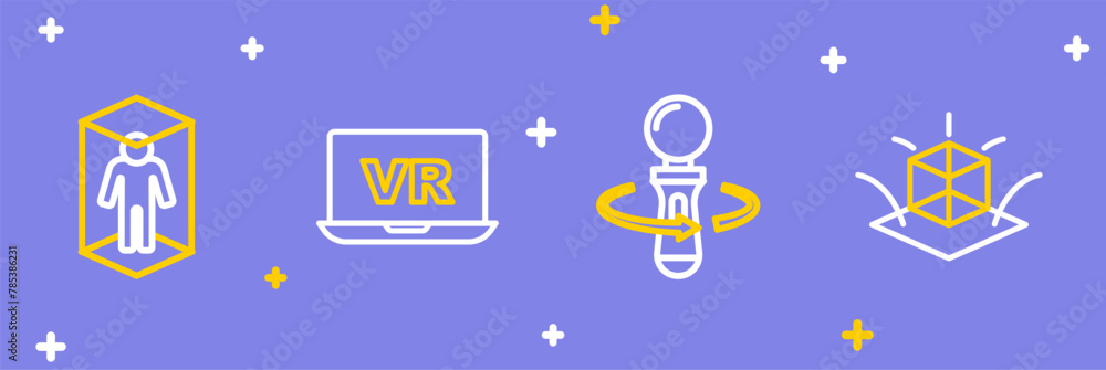 Poster set line 3d modeling, vr controller game, virtual reality and icon. vector