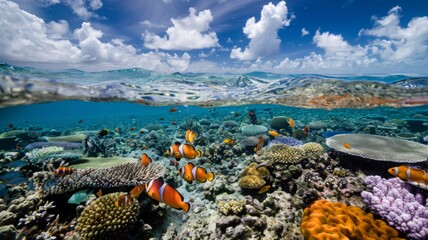 Underwater coral reef with tropical fish - A vivid underwater scape with colorful fish swimming amongst the vibrant coral in crystal clear water
