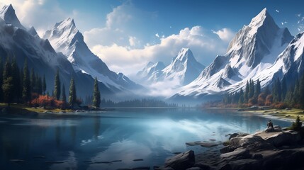 A panoramic view of a pristine alpine lake surrounded by snow-capped peaks, the still waters mirroring the rugged beauty of the towering mountains.