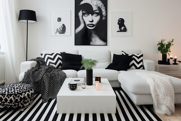 Interior of a black and white classic living room.	