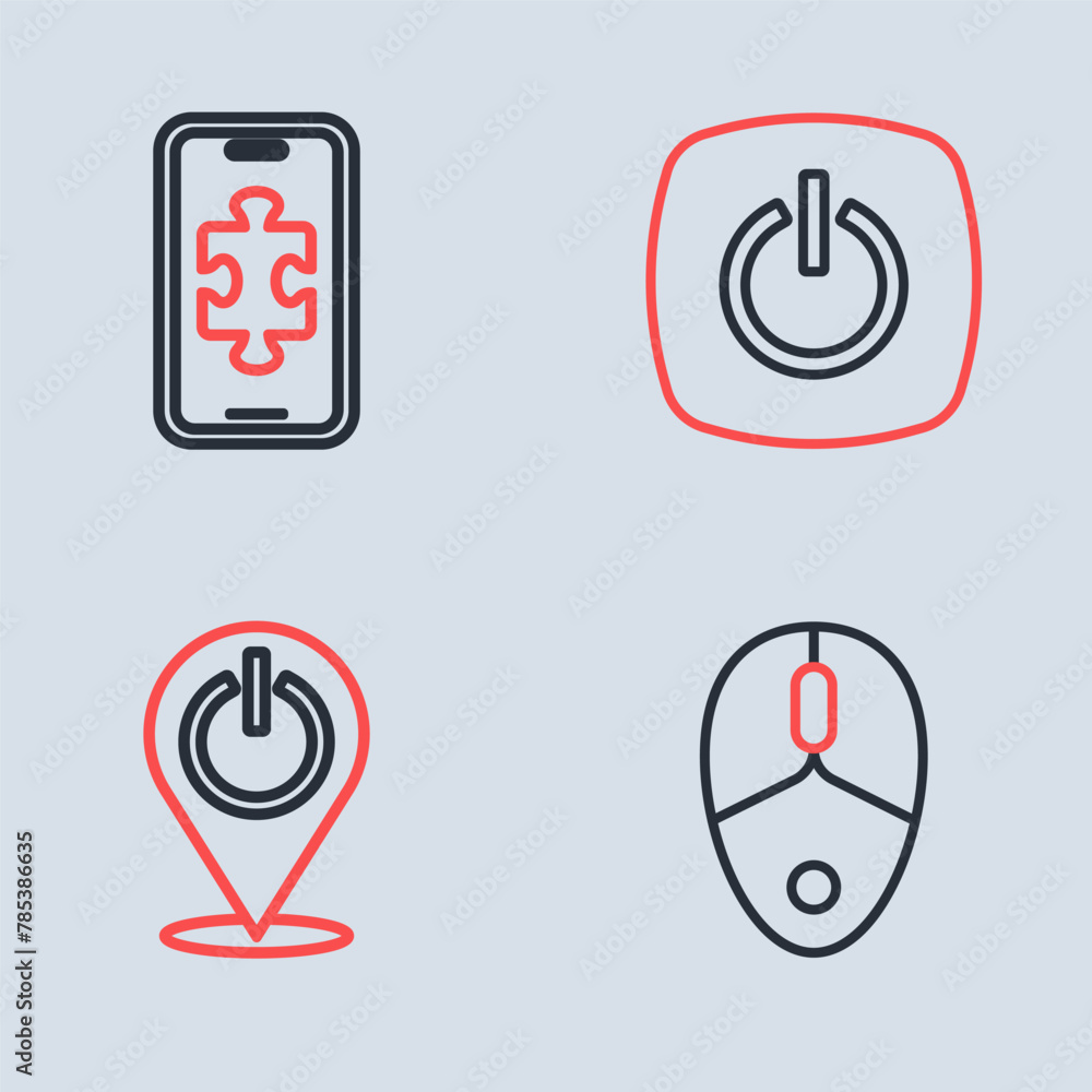 Aufkleber set line power button, computer mouse and mobile gaming icon. vector