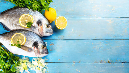 Fresh Seafood Ingredients on Blue Wooden Table. Raw fish, onion, parsley and lemon. Copy space for text