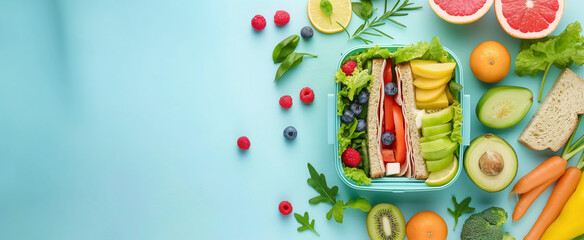 Healthy plastic school lunch box of sandwich, fruits and vegetables, plastic organic eating lunchbox for kids or break snack time concepts as wide banner with copyspace area