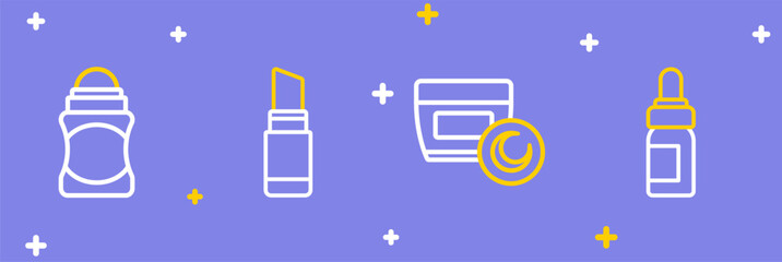 Set line Essential oil bottle, Cream or lotion cosmetic tube, Lipstick and Deodorant roll icon. Vector