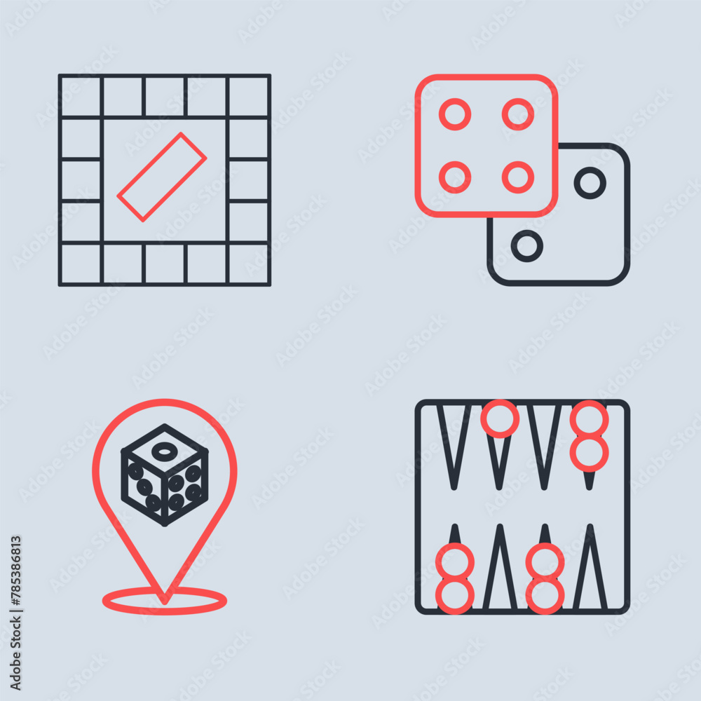 Poster set line game dice, backgammon board and board game icon. vector