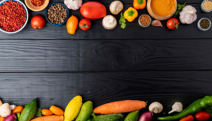 Fresh Ingredients fruits, vegetables and spices on Black Wooden Table: Culinary Catalog Photography with Copy Space