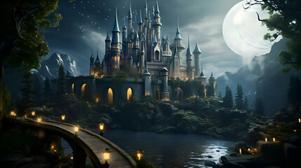 Magic castle in the forest at night. Magical fantasy landscape. 3D rendering - obrazy, fototapety, plakaty