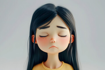 Sad upset disappointed depressed Asian cartoon character girl young woman female person with closed eyes in 3d style design on light background. Human people feelings expression concept