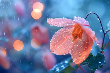 Delicate Lantern Flower Glistening with Dewy Droplets against Soft Pastel Bokeh Background - obrazy, fototapety, plakaty