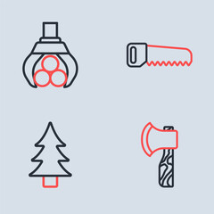 Set line Hand saw, Tree, Wooden axe and Grapple crane grabbed log icon. Vector