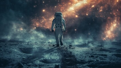 An astronaut in a spacesuit walks on the lunar soil, exploring the mysterious surface - obrazy, fototapety, plakaty