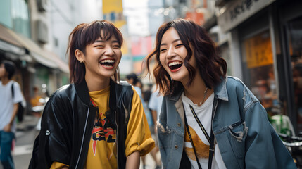Three young women walking and laughing - obrazy, fototapety, plakaty