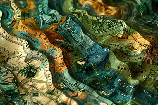 A map of the world is folded and has a lot of detail. The map is made of paper and has a lot of different colors