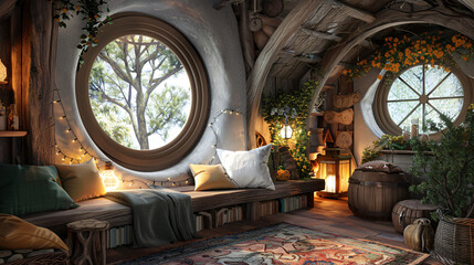 Fantasy tiny storybook style home interior cottage wit - obrazy, fototapety, plakaty