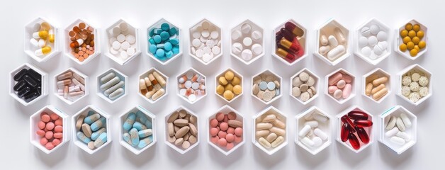 various colorful and brown pills neatly arranged in a white supplement circle on the left side of a plastic hexagonally shaped box, set against a pristine white background.