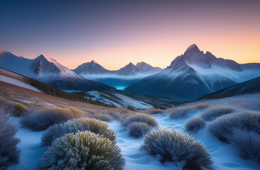 lavender meadow in frost on the background of mountains
