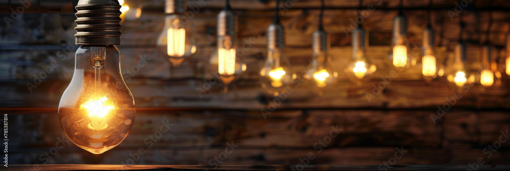Aufkleber glowing light bulb against rustic background - close-up of a warm glowing light bulb with multiple b