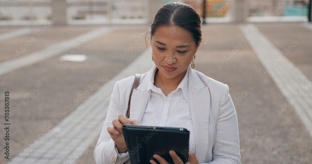 Poster Asian woman, business and browsing with tablet in city for research, social media or outdoor networking. Female person or employee with smile on technology for online search, web or internet in town