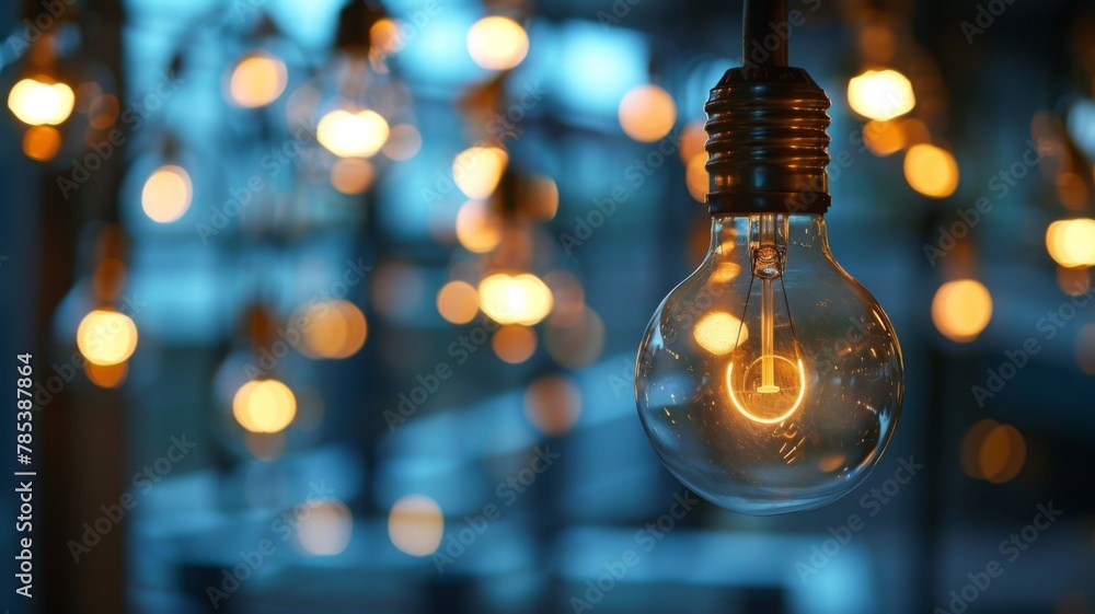 Poster lightbulb with warm filament glowing - close-up of an illuminated lightbulb with a warm, glowing fil