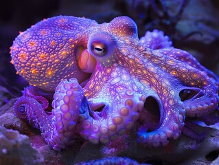 Iridescent neon octopus, phantasmal glow, mysterious deepsea ambiance