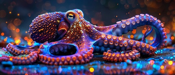 Vibrant neon octopus, emitting a phantasmal iridescent glow, surreal ocean backdrop - obrazy, fototapety, plakaty