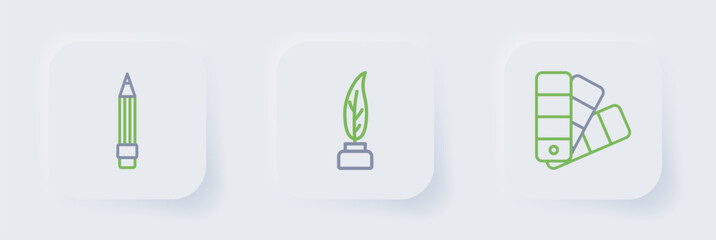 Set line Color palette guide, Feather and inkwell and Pencil with eraser icon. Vector